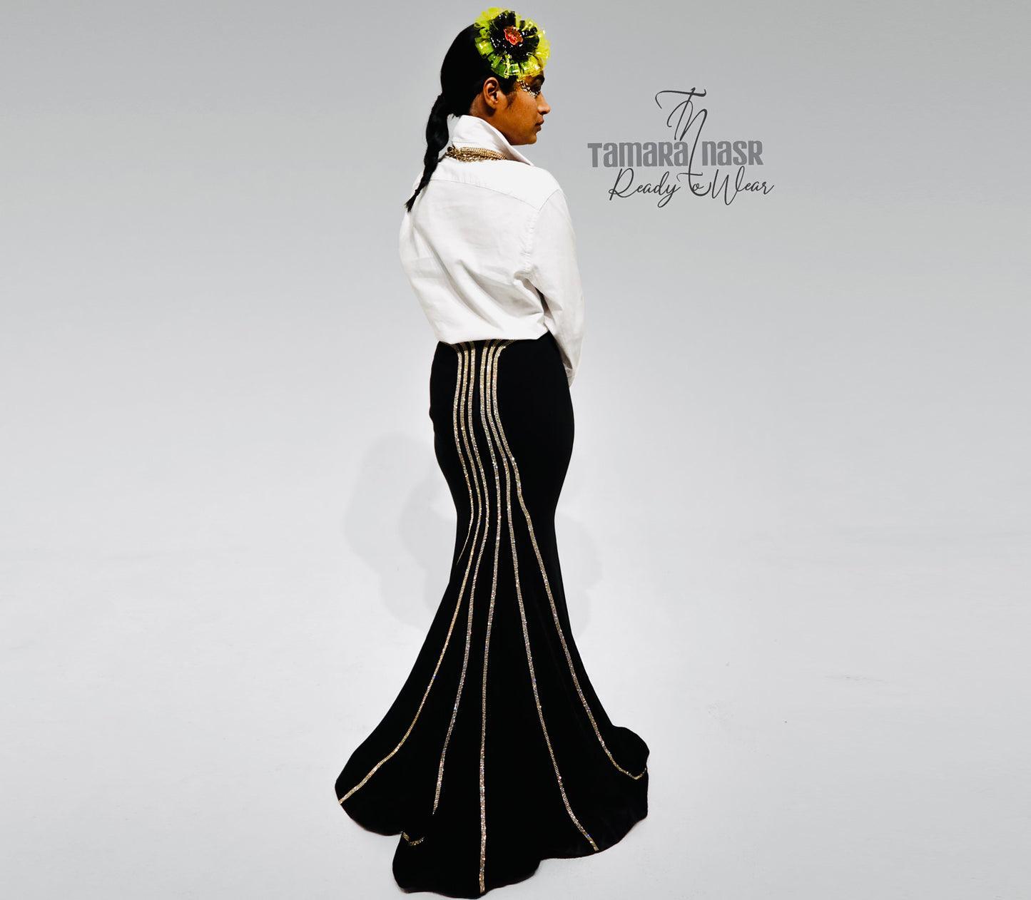 Fishtail black crepe skirt