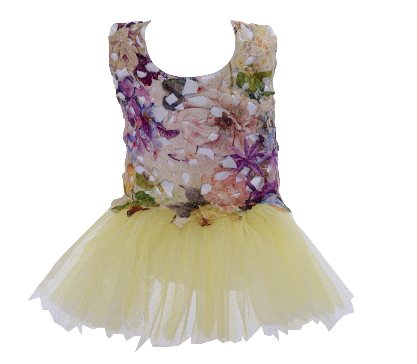 Multi colored guipure pet dress with yellow tulle ruffle