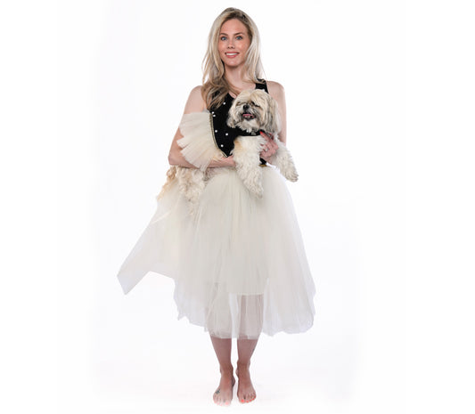 Black crepe pet dress with off white ruffle