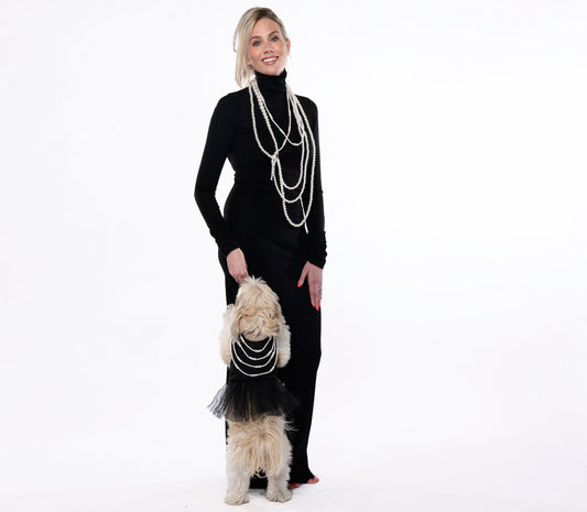 Black crepe pet dress with tulle ruffle