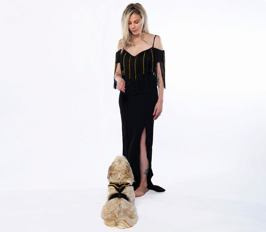 Black pet outfit embroidered with gold chain