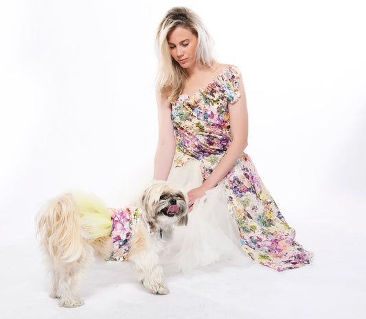 Multi colored guipure pet dress with yellow tulle ruffle